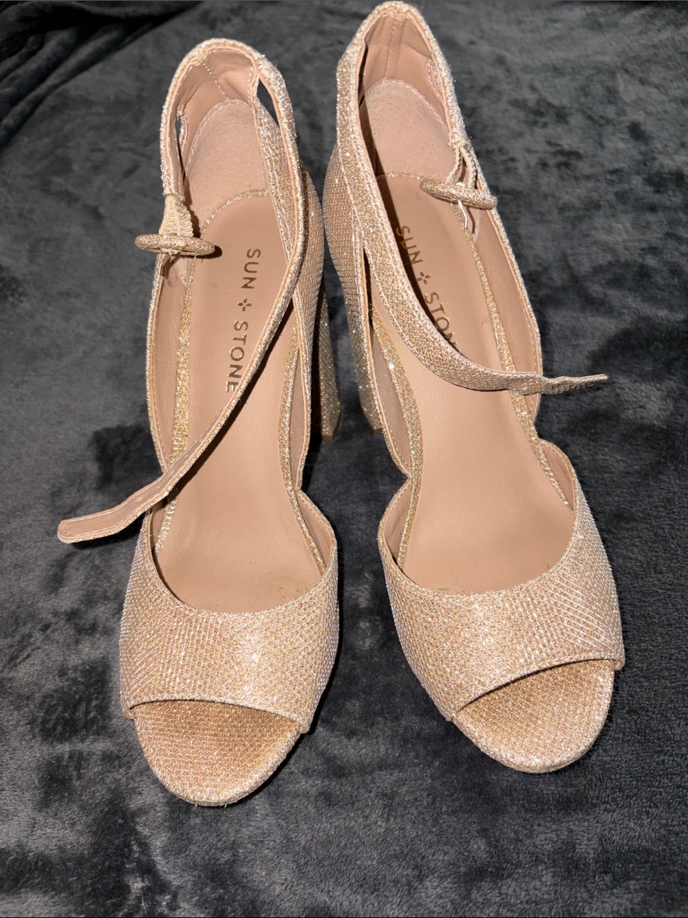 Sun + Stone Glitter Open-Toe Heels in Champagne Gold